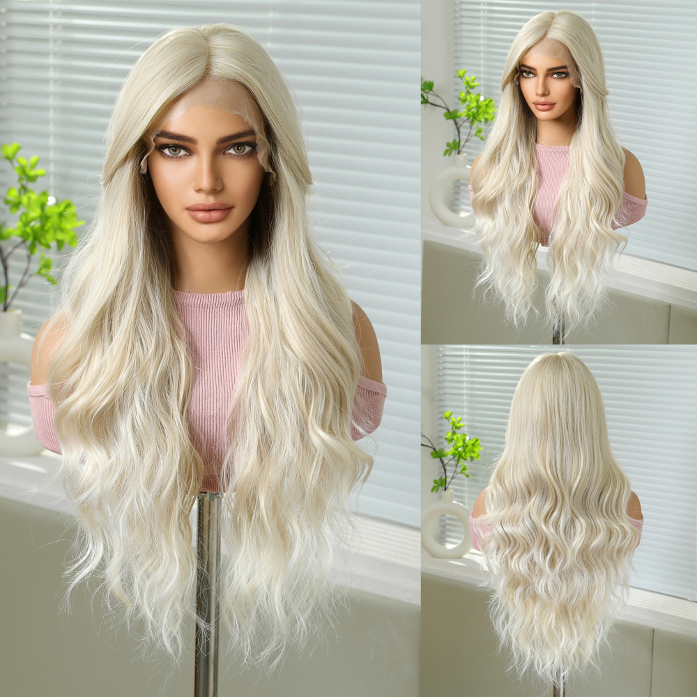 2025 new 13*6 Long Wavy Lace Front Wigs  Lace Frontal Synthetic Hair Wigs Blonde Mixed Brown Daily Party Wig