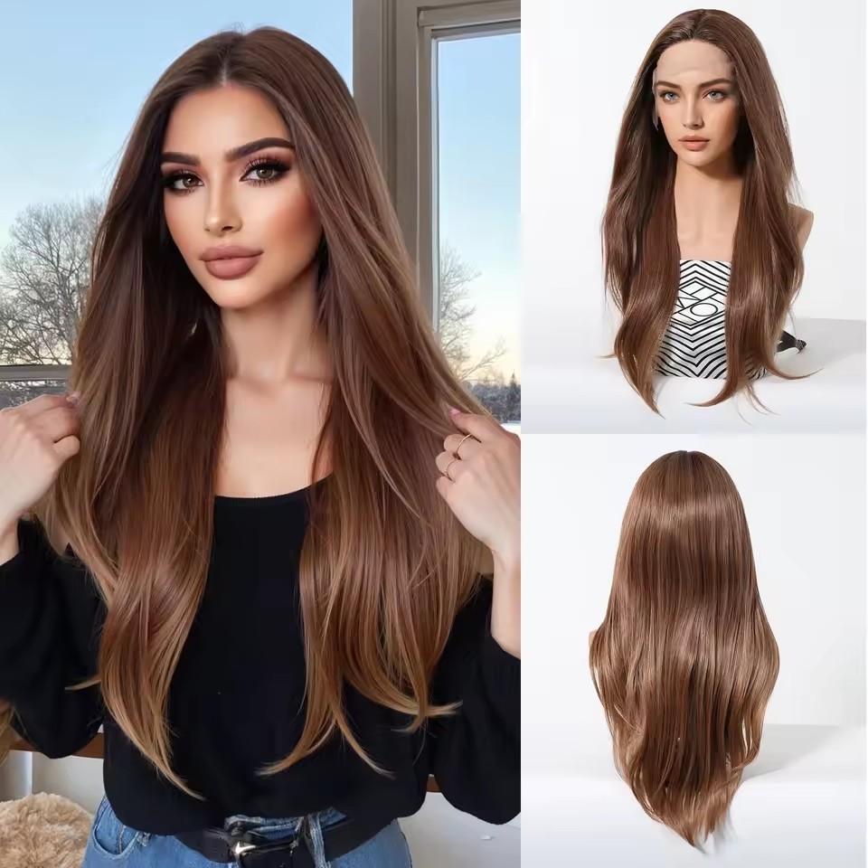 Straight Brown T Part Lace Front Synthetic Wigs with Baby Hair Long Women's Lace Wigs High Density Natural Wig Heat Resistant
