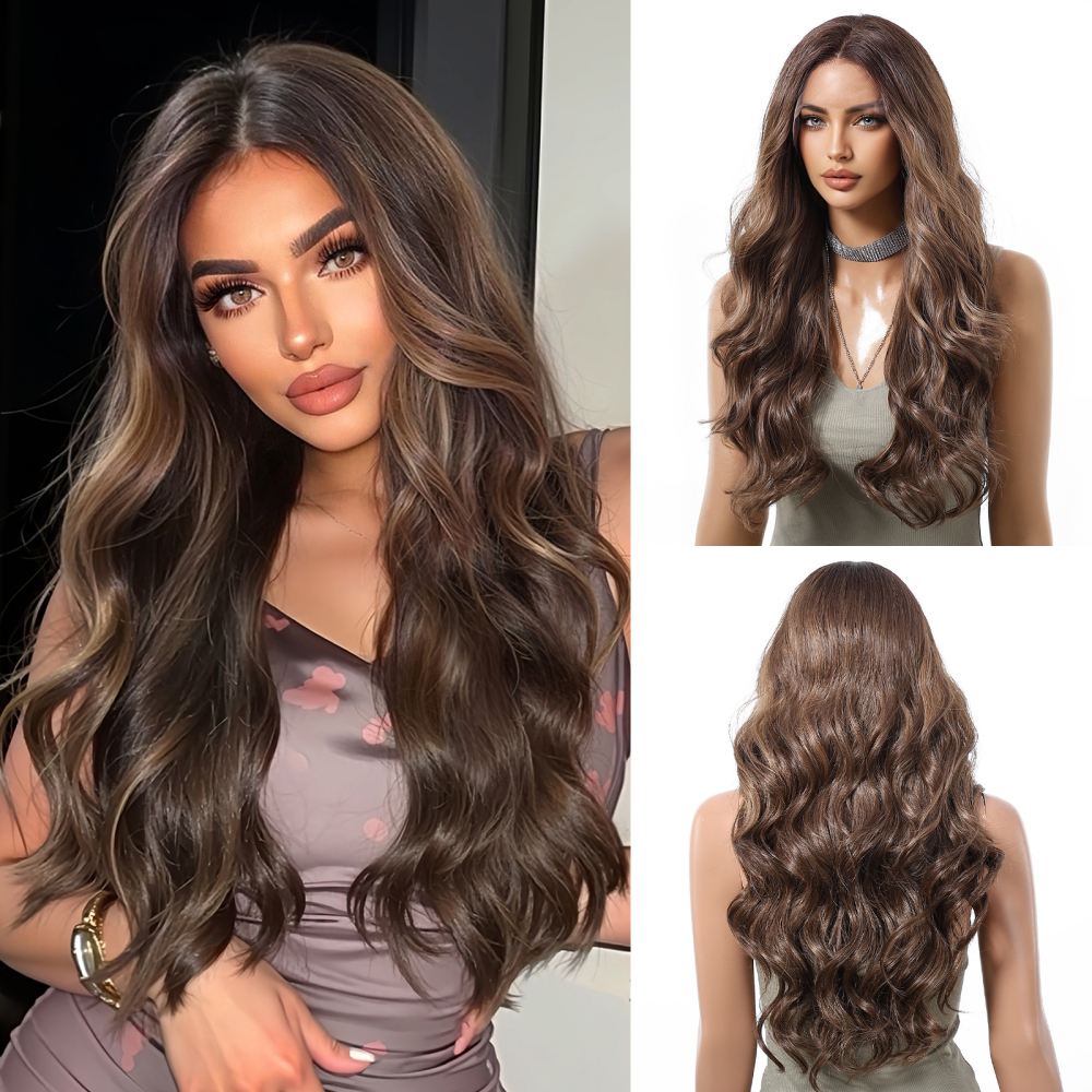 2025 new 13*6 Long Wavy Lace Front Wigs  Lace Frontal Synthetic Hair Wigs Blonde Mixed Brown Daily Party Wig