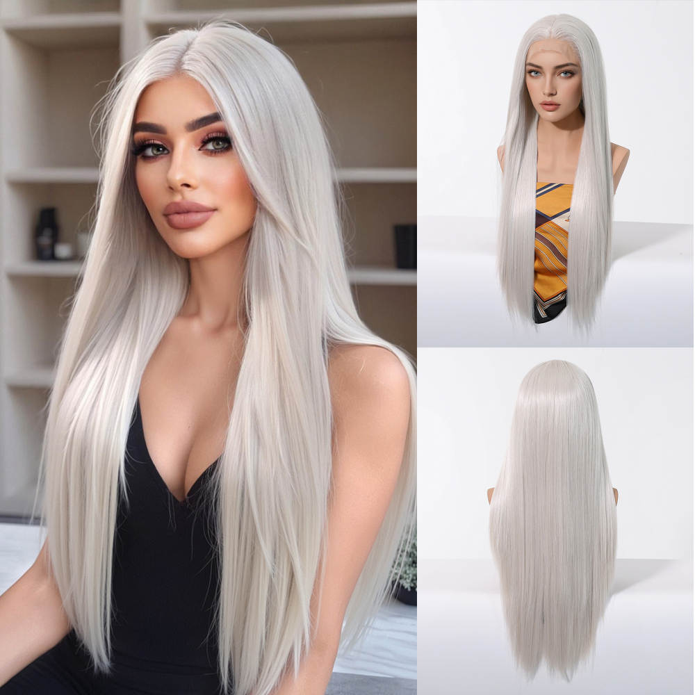 13*6 Lace Front Synthetic Wigs for WomenLong Straight Blonde Platinum Wigs Natural Hairline Free Part Wigs