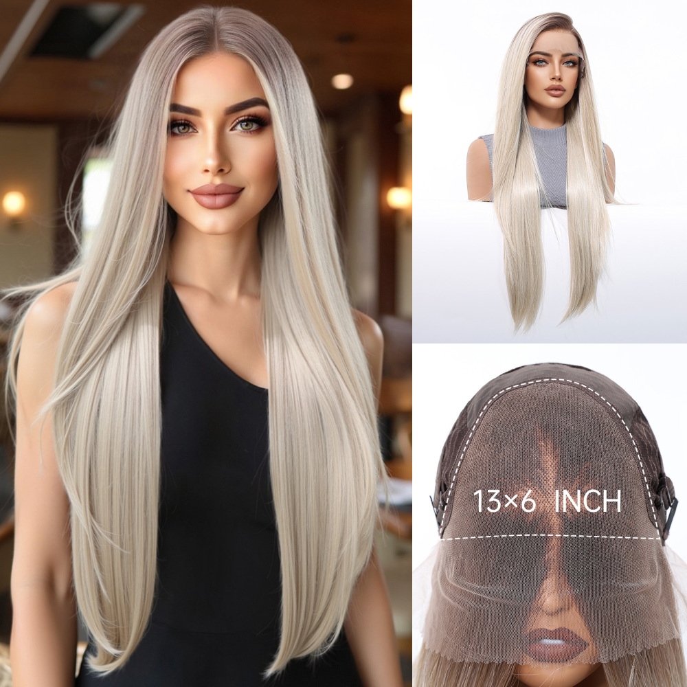 13*6 Lace Front Synthetic Wigs for WomenLong Straight Blonde Platinum Wigs Natural Hairline Free Part Wigs