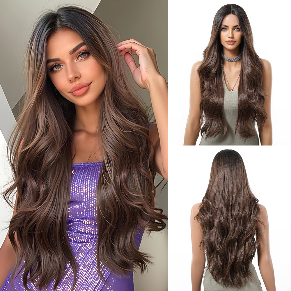 2025 new 13*6 Long Wavy Lace Front Wigs  Lace Frontal Synthetic Hair Wigs Blonde Mixed Brown Daily Party Wig