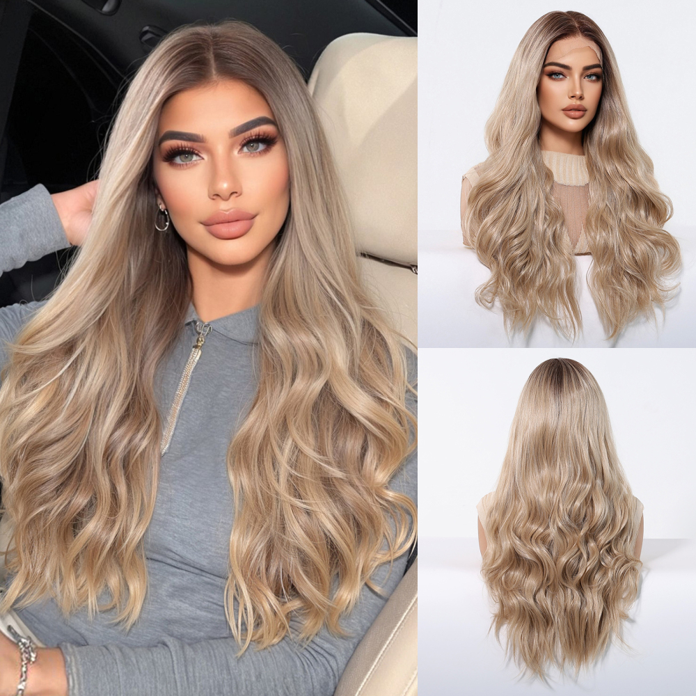 2025 new 13*6 Long Wavy Lace Front Wigs  Lace Frontal Synthetic Hair Wigs Blonde Mixed Brown Daily Party Wig