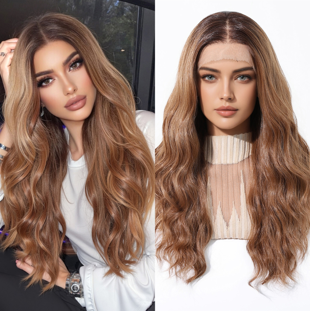 2025 new 13*6 Long Wavy Lace Front Wigs  Lace Frontal Synthetic Hair Wigs Blonde Mixed Brown Daily Party Wig