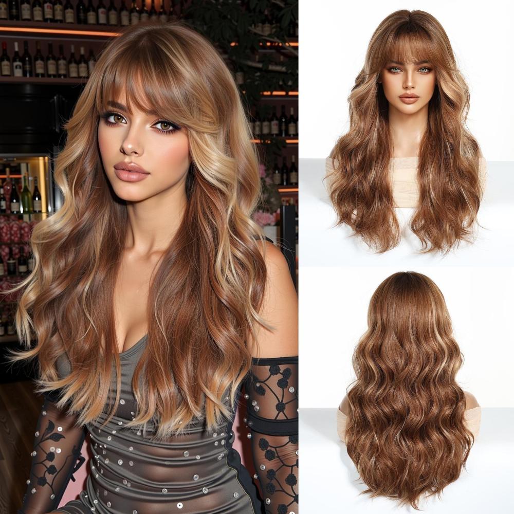Burgundy Straight Synthetic Wigs for Women Light Ash Brown Natural Hair Wigs With Bangs Daily Use Cosplay Heat Resistant Wigs