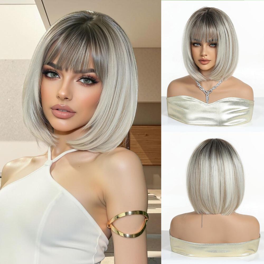Straight Synthetic Layered Wig  Machine Made Fiber Wigs with Bangs Blonde Cosplay Party Wigs for Women Heat Resistant Wigs