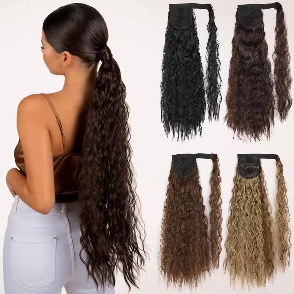 Synthetic Corn Wave Ponytail Extension Clip in Long Wavy Curly Wrap Around Pony Tail Heat Resistant Hairpiece for Women