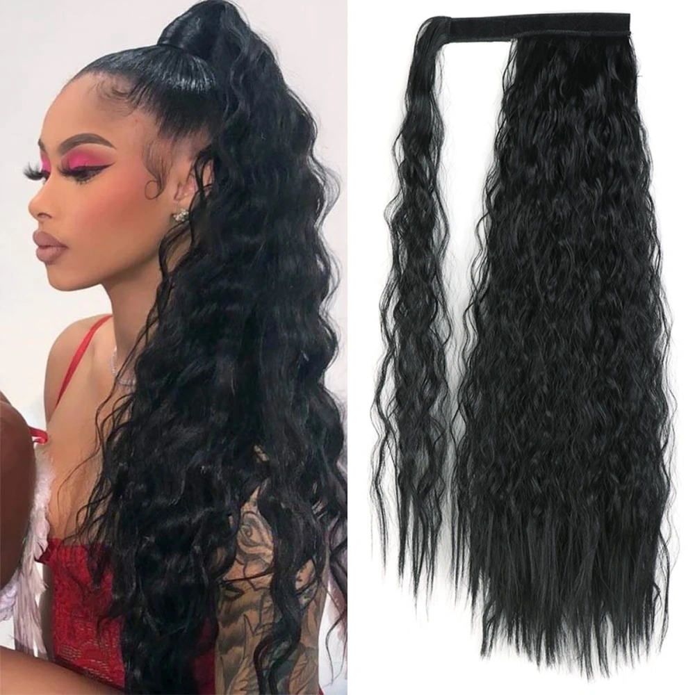22 Inch Corn Wave Ponytail Extension Heat Resistant Synthetic Hair Extension Wrap Around Ponytail Black Hairpiece For Women