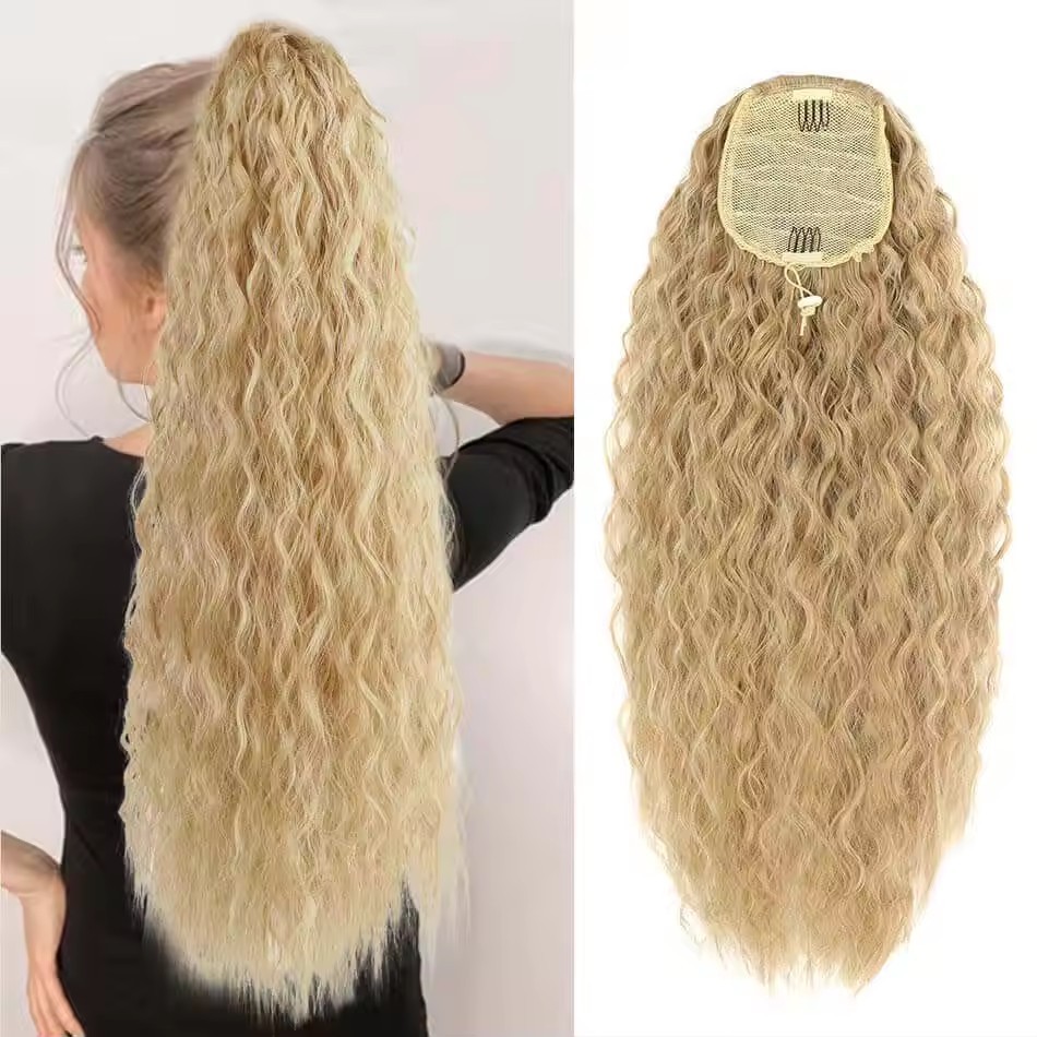 22 Inch 120Grams  Drawstring Ponytail Extension Curly Wave Long Ponytail Hair Extension Synthetic Corn Wavy Drawstring Ponytail Extensions