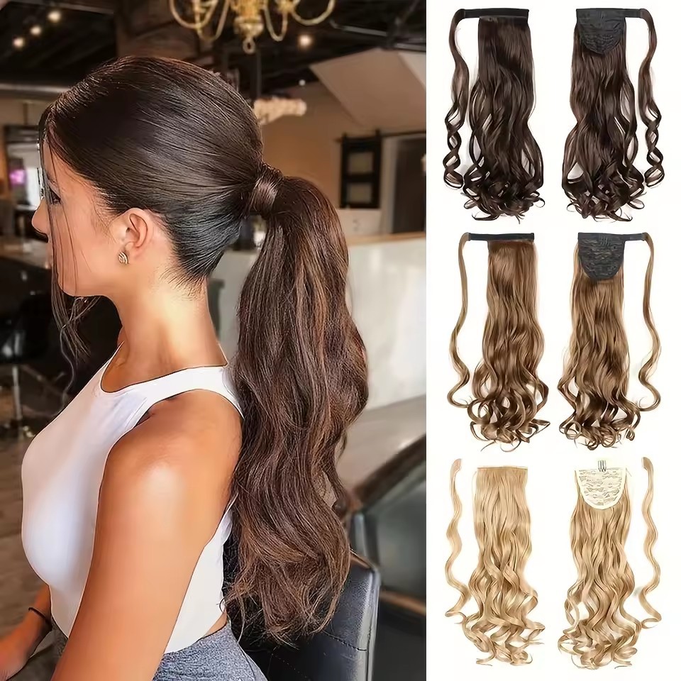 Long Wave Magic Paste Ponytails 22 inch Synthetic Curly Wavy Ponytail Wrap Around Clip in Hair Extension for Women