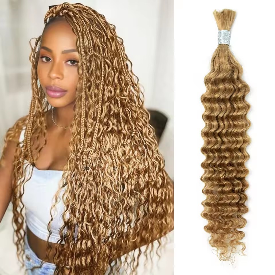 Honey Blonde 27  Deep Wave Hair Bulk Human Hair For Braiding  No Weft Human Hair Bundles Women Boho Braids Braiding Hair