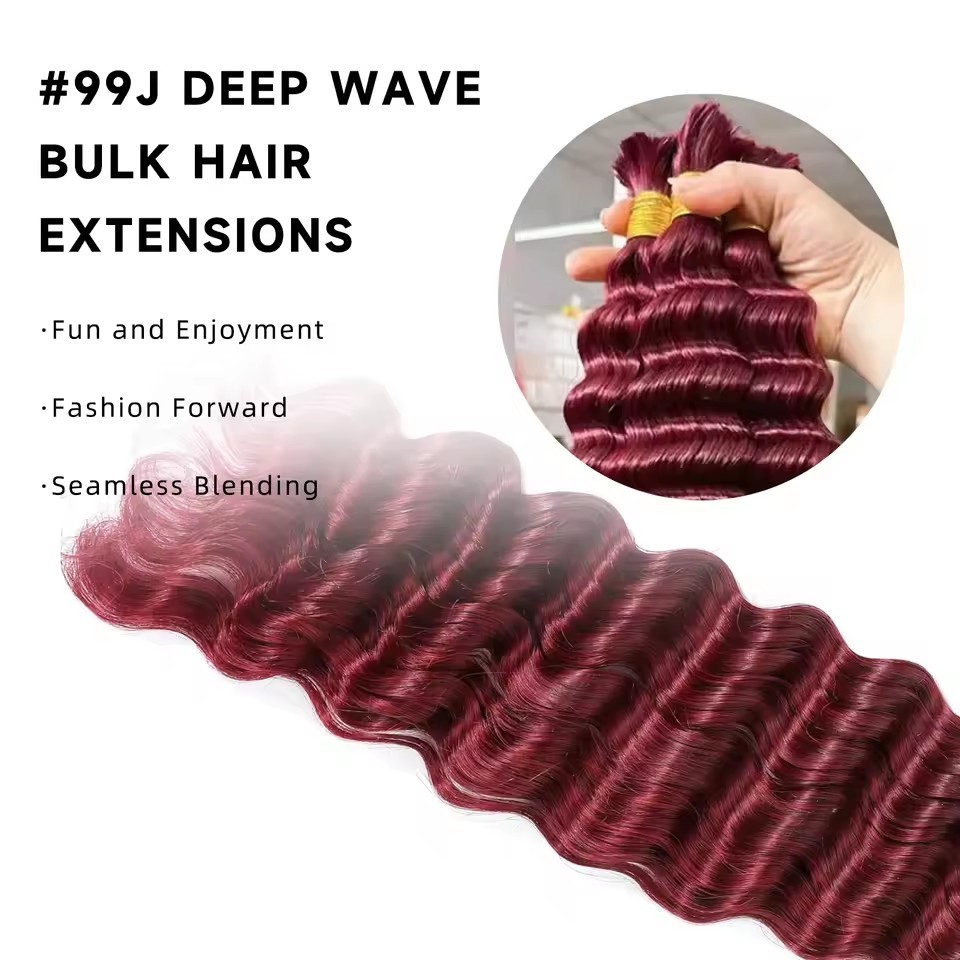 99J  Wine Red Bulk Human Hair Deep Wave For Braiding Deep Curly No Weft Brazilian Remy Hair Extensions 100 Grams