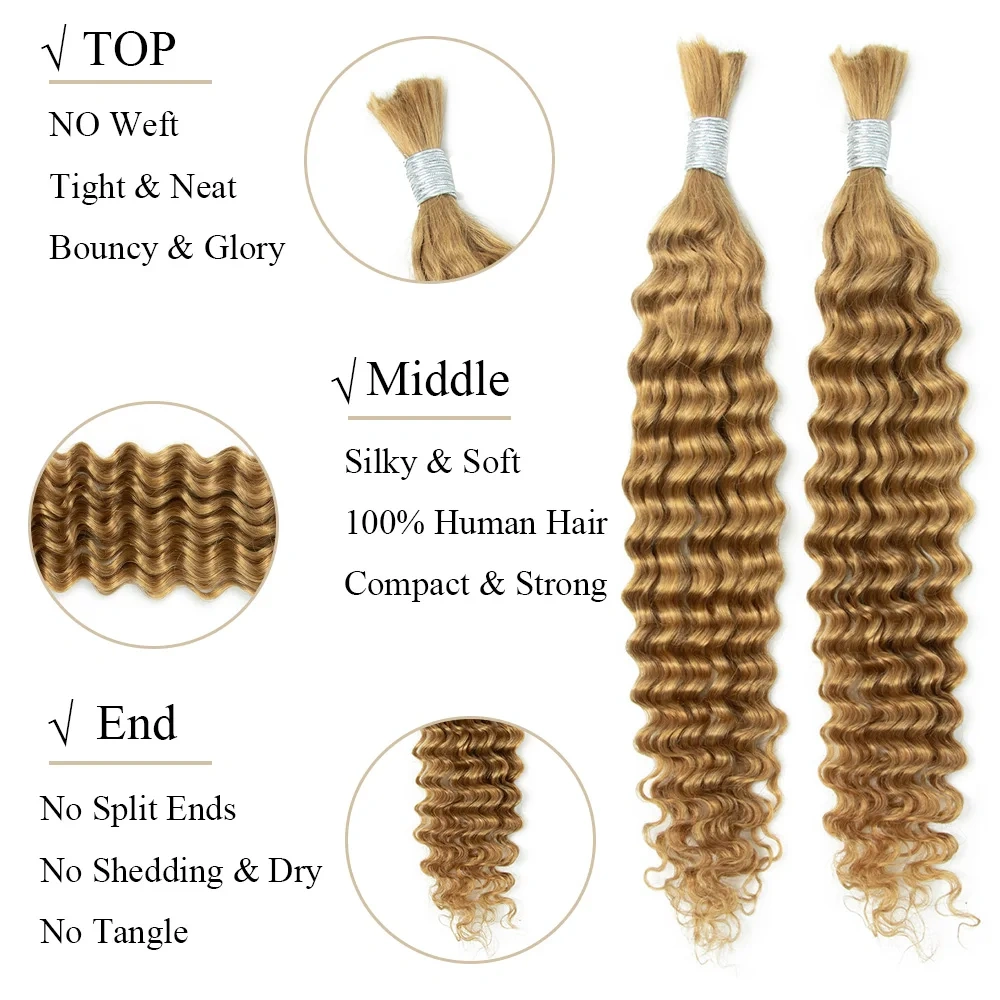 Honey Blonde 27  Deep Wave Hair Bulk Human Hair For Braiding  No Weft Human Hair Bundles Women Boho Braids Braiding Hair