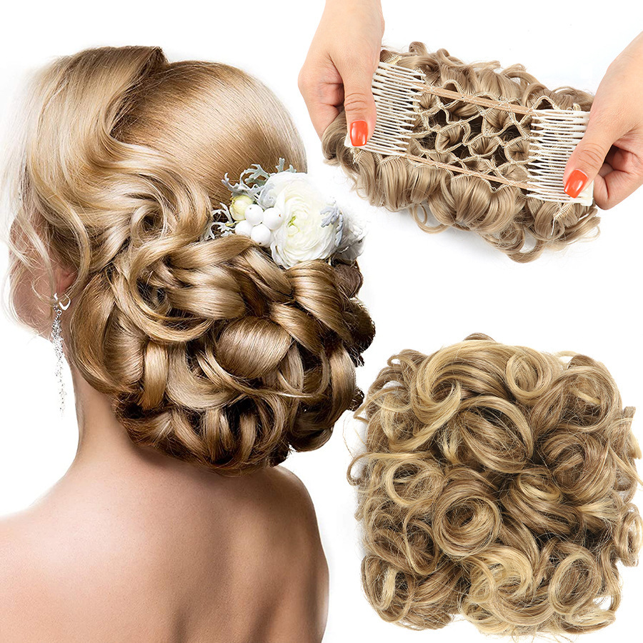 Messy Bun Large Comb Clips In Curly Hair Extension Fake False Synthetic Pieces Chignon Women Updo Cover Hairpiec