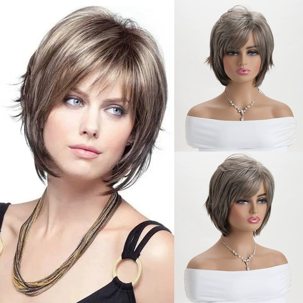 Natural Brown Pixie Cut  Synthetic Wig Synthetic Short Haircut  Straight  Wigs for Women Blonde Mix Brown  Wig Daily