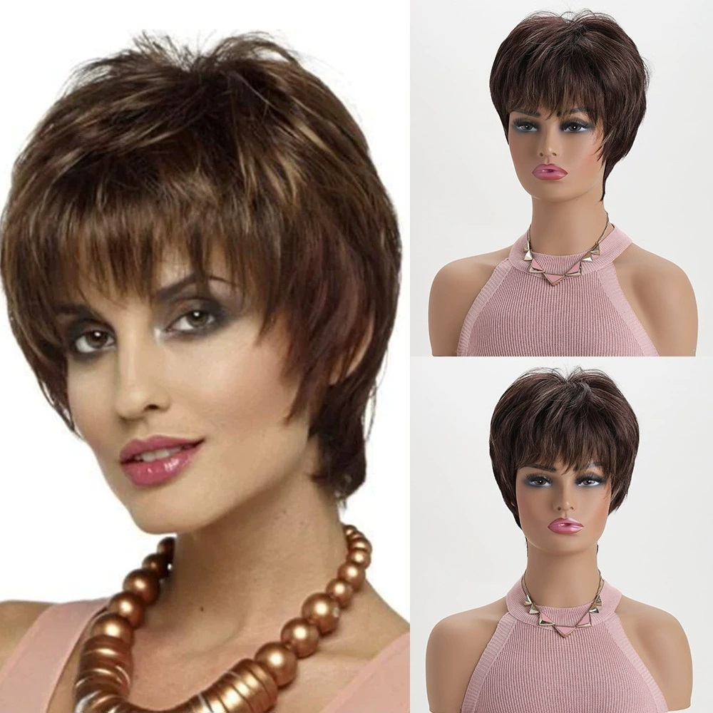 2025 Natural Brown Pixie Cut  Synthetic Wig Synthetic Short Haircut  Straight  Wigs for Women Blonde Mix Brown  Wig Daily