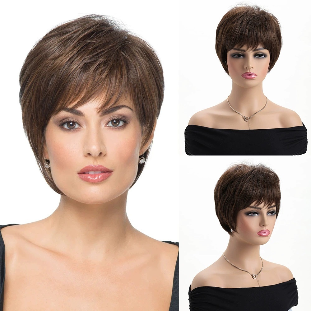 2025 Natural Brown Pixie Cut  Synthetic Wig Synthetic Short Haircut  Straight  Wigs for Women Blonde Mix Brown  Wig Daily