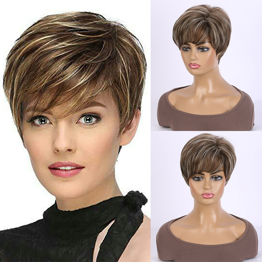 2025 Natural Brown Pixie Cut  Synthetic Wig Synthetic Short Haircut  Straight  Wigs for Women Blonde Mix Brown  Wig Daily