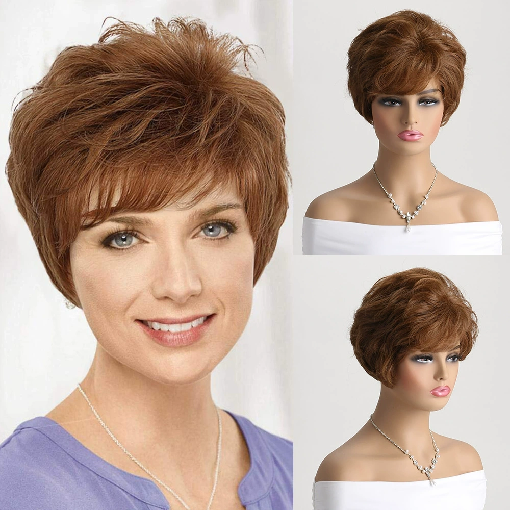 2025 Natural Short Pixie Cut Wig with Bangs Synthetic Mullet Head Wig for Women Dark Brown Straight Hair Daily Cosplay Use