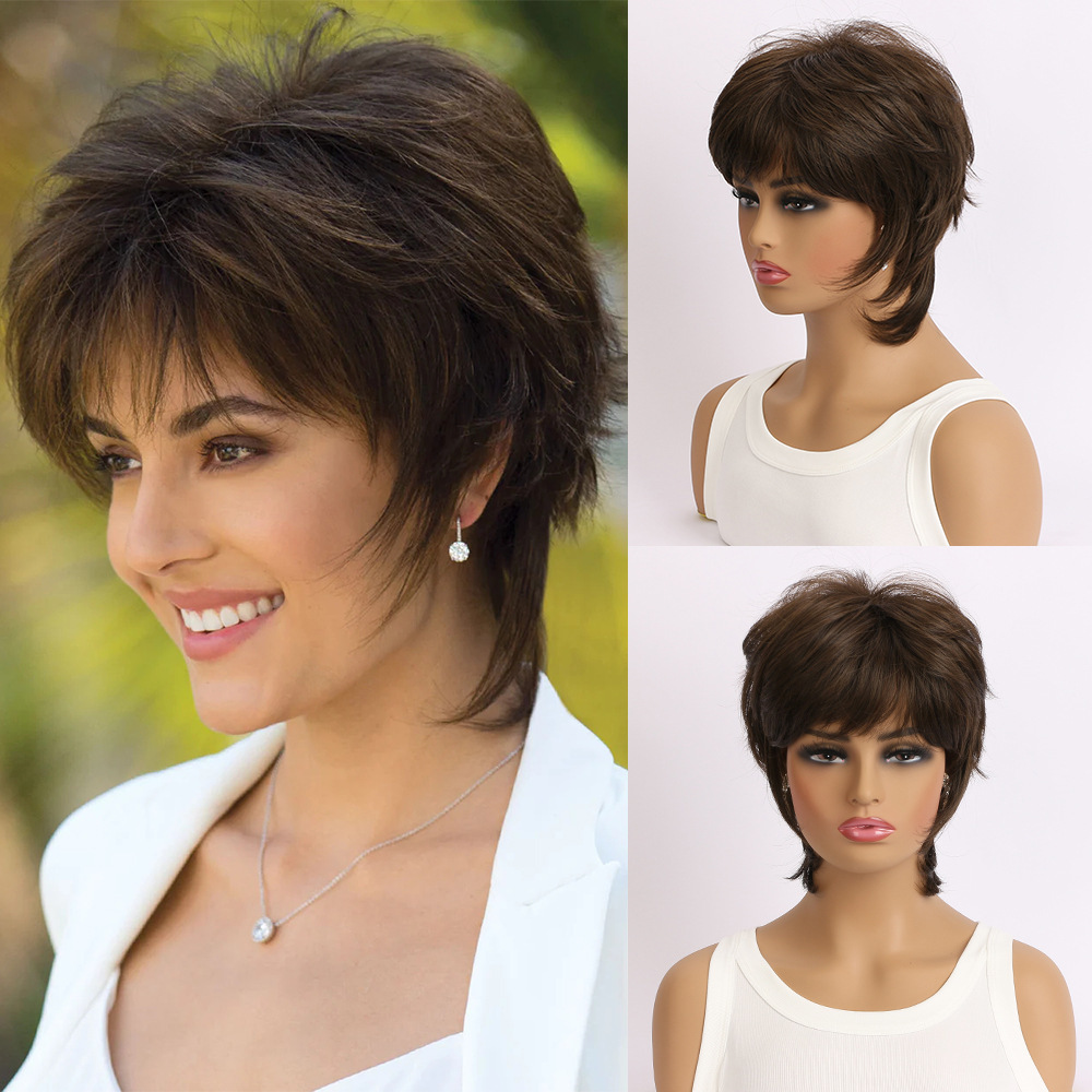 2025 Natural Short Pixie Cut Wig with Bangs Synthetic Mullet Head Wig for Women Dark Brown Straight Hair Daily Cosplay Use