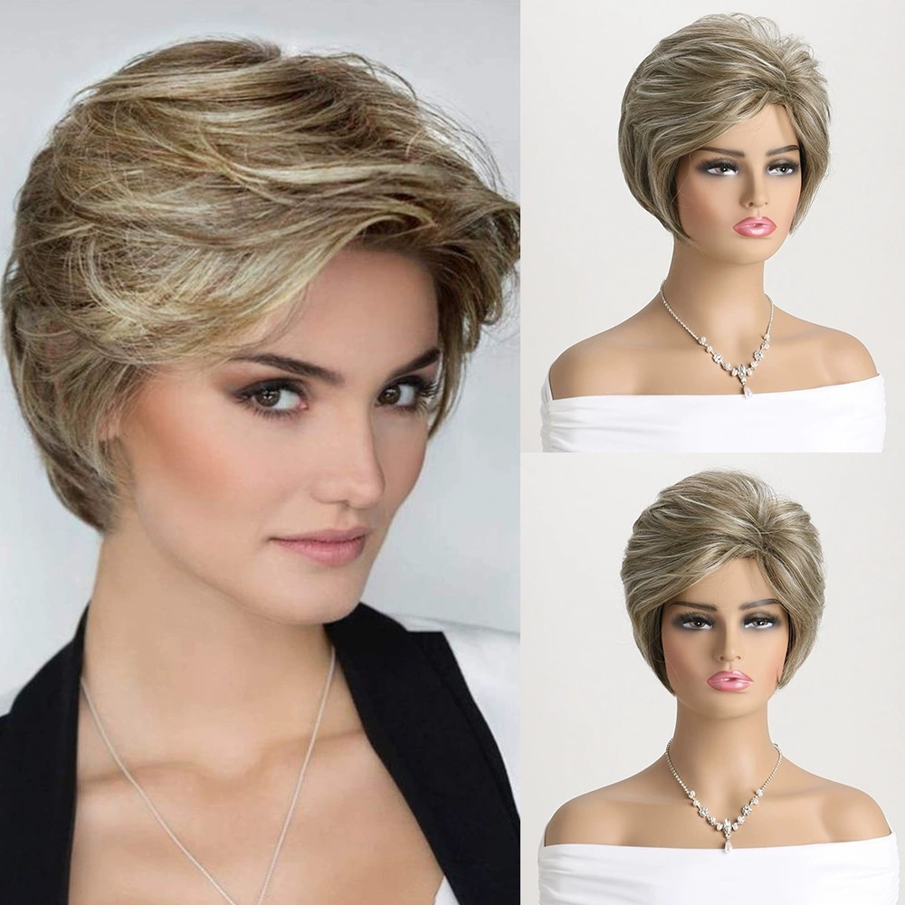 Brown Short Wigs  for White Women Layered Pixie Cut with Blonde Highlights Natural Looking Synthetic Wigs