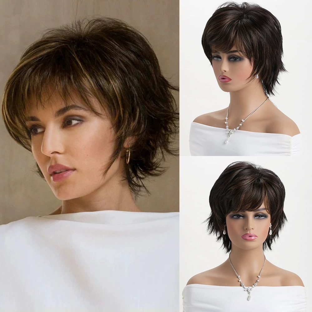 Brown Short Wigs  for White Women Layered Pixie Cut with Blonde Highlights Natural Looking Synthetic Wigs