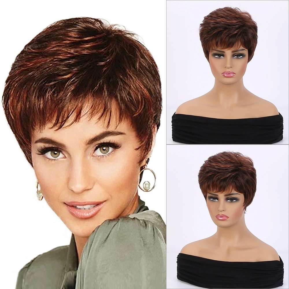 2025 Natural Short Pixie Cut Wig with Bangs Synthetic Mullet Head Wig for Women Dark Brown Straight Hair Daily Cosplay Use