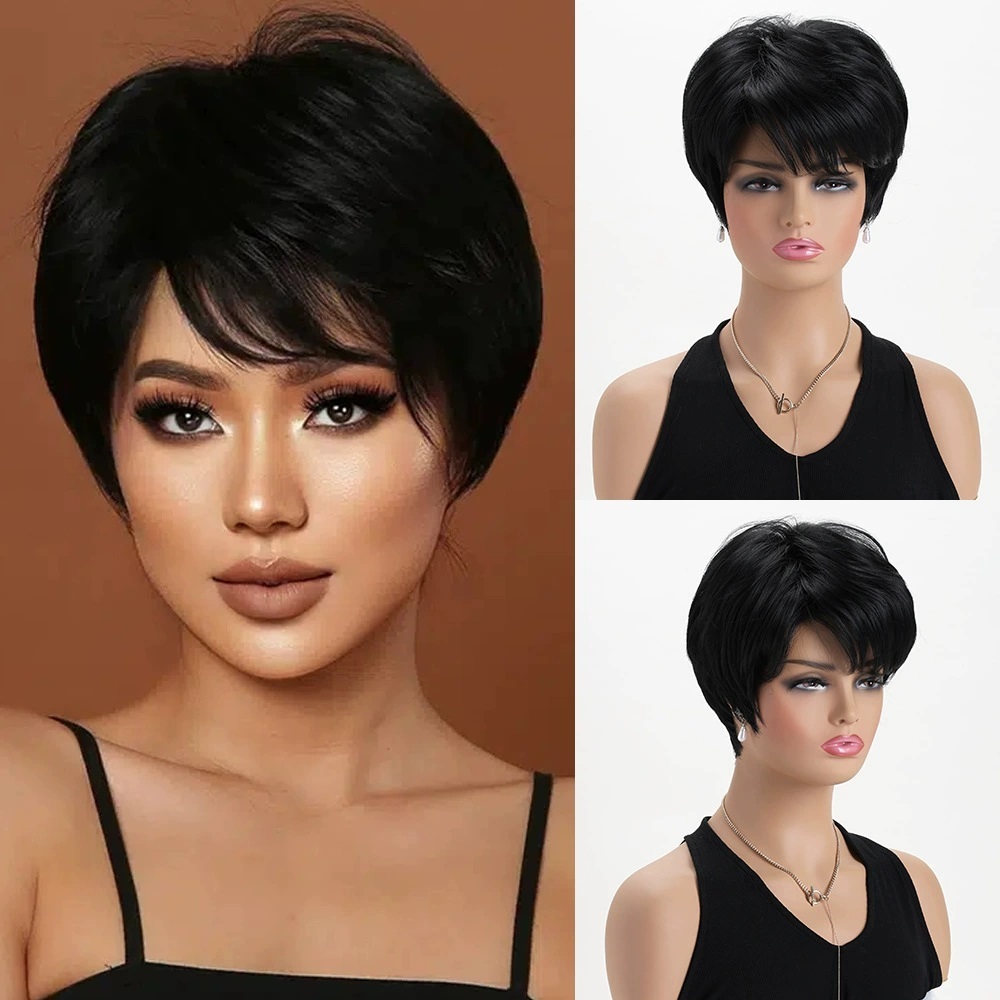2025 Natural Short Pixie Cut Wig with Bangs Synthetic Mullet Head Wig for Women Dark Brown Straight Hair Daily Cosplay Use