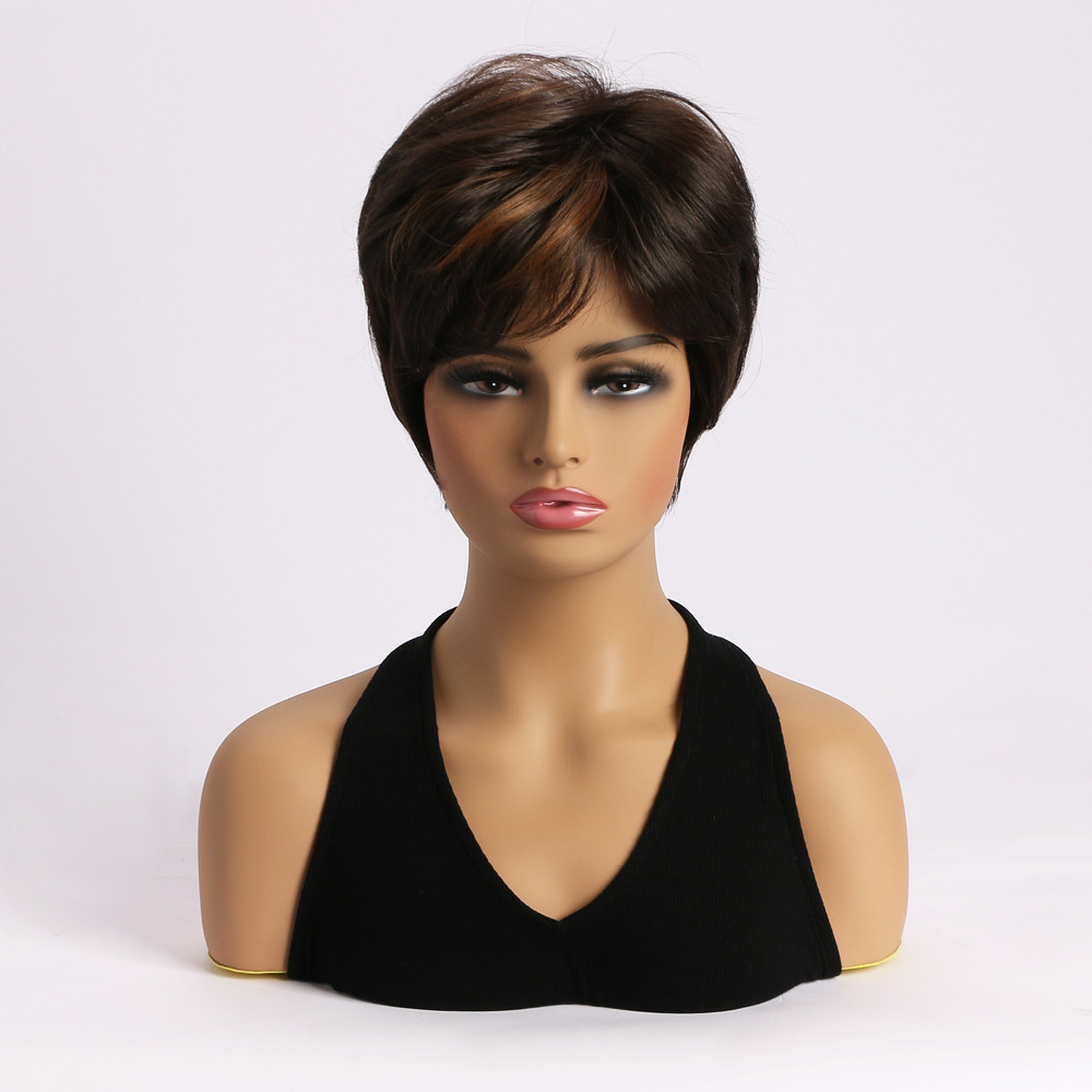 2025 Natural Short Pixie Cut Wig with Bangs Synthetic Mullet Head Wig for Women Dark Brown Straight Hair Daily Cosplay Use
