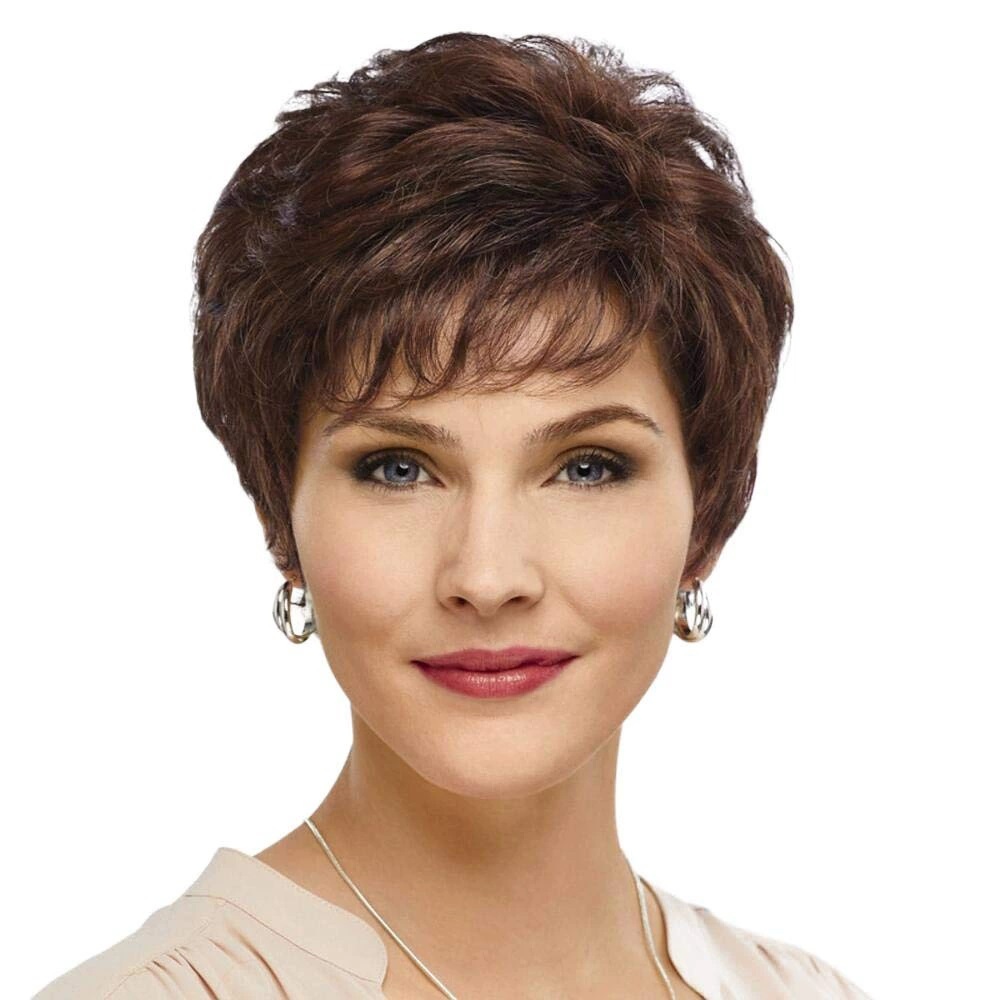 2025 Natural Short Pixie Cut Wig with Bangs Synthetic Mullet Head Wig for Women Dark Brown Straight Hair Daily Cosplay Use
