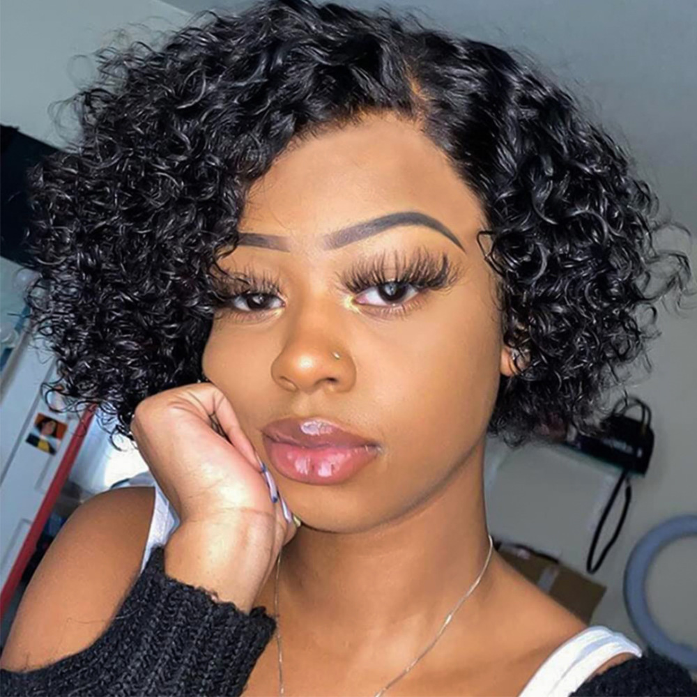 Natural Black Pixie Cut Short Lace Front Wigs Short Curly Human Hair Wigs HD Lace Wigs Plucked Bleached Knots Wigs For Black  Women