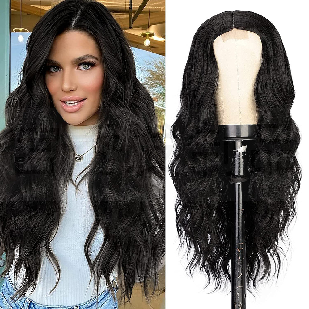 Small Closure lace Synthetic Long Curly Wavy Wig for Women Middle Part Curly Wavy Wig Heat Resistant Fiber Wig for Daily Party Use