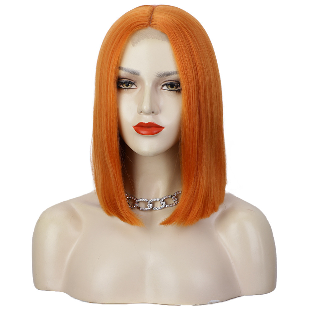 Short  14 inch Orange Bob Style Short Straight Fiber Wig Women's Lace Frontal Synthetic Hair Wigs