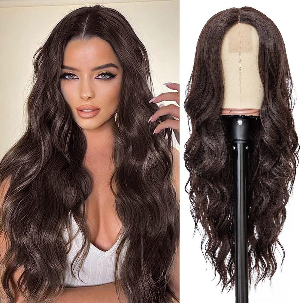 Small Closure lace Synthetic Long Curly Wavy Wig for Women Middle Part Curly Wavy Wig Heat Resistant Fiber Wig for Daily Party Use