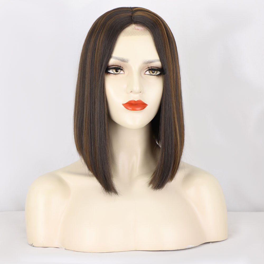 Short  14 inch Orange Bob Style Short Straight Fiber Wig Women's Lace Frontal Synthetic Hair Wigs