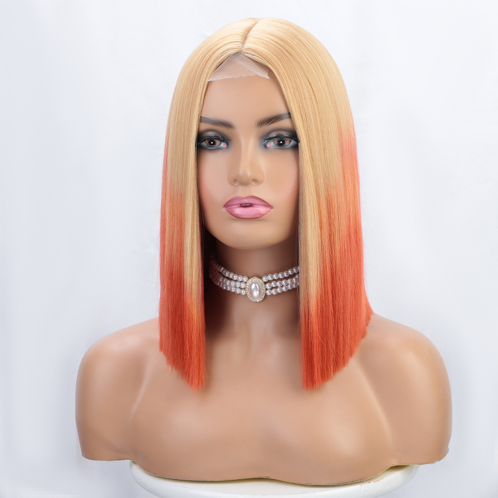Short  14 inch Orange Bob Style Short Straight Fiber Wig Women's Lace Frontal Synthetic Hair Wigs
