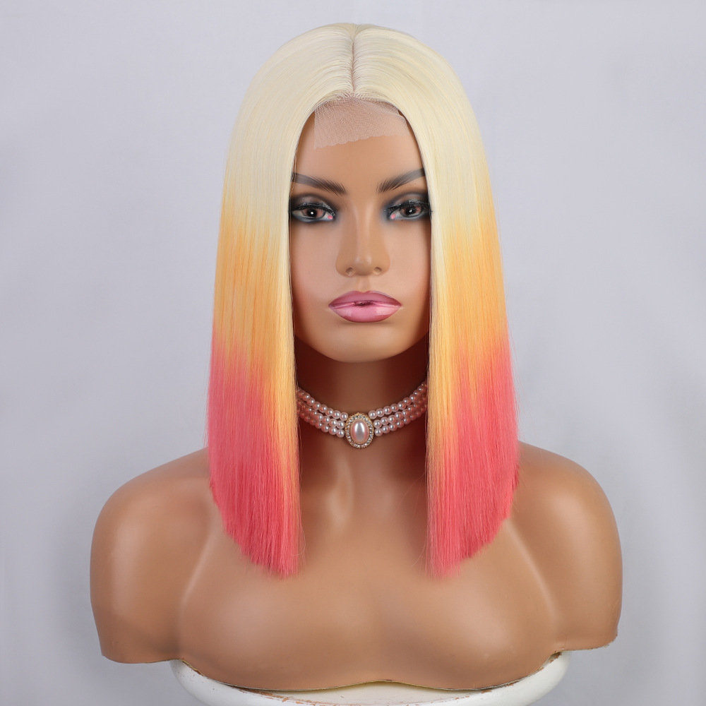 Short  14 inch Orange Bob Style Short Straight Fiber Wig Women's Lace Frontal Synthetic Hair Wigs