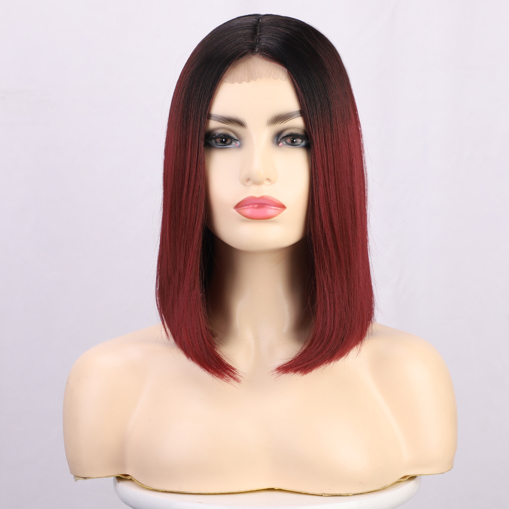 Short  14 inch Orange Bob Style Short Straight Fiber Wig Women's Lace Frontal Synthetic Hair Wigs