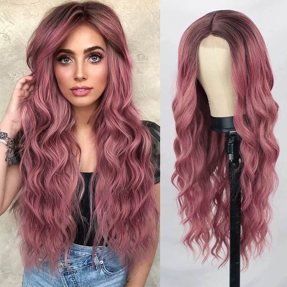 Small Closure lace Synthetic Long Curly Wavy Wig for Women Middle Part Curly Wavy Wig Heat Resistant Fiber Wig for Daily Party Use