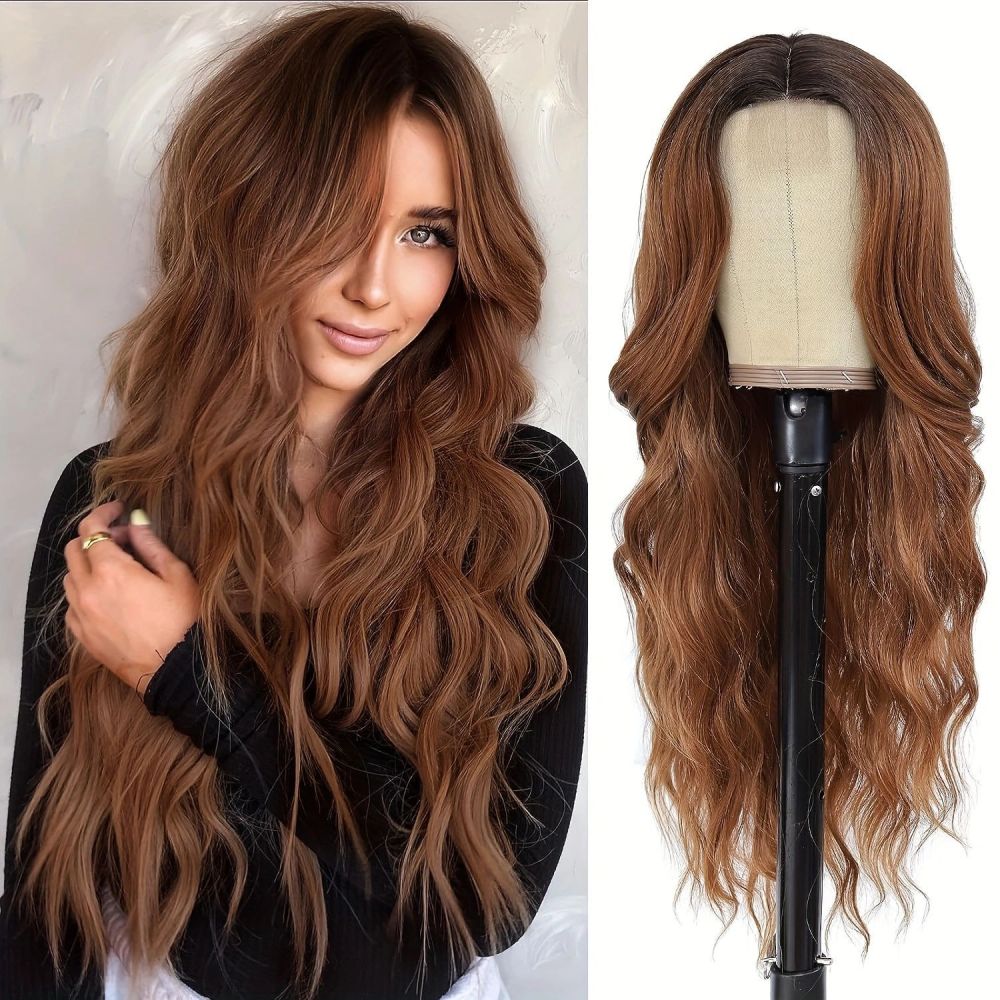 Small Closure lace Synthetic Long Curly Wavy Wig for Women Middle Part Curly Wavy Wig Heat Resistant Fiber Wig for Daily Party Use