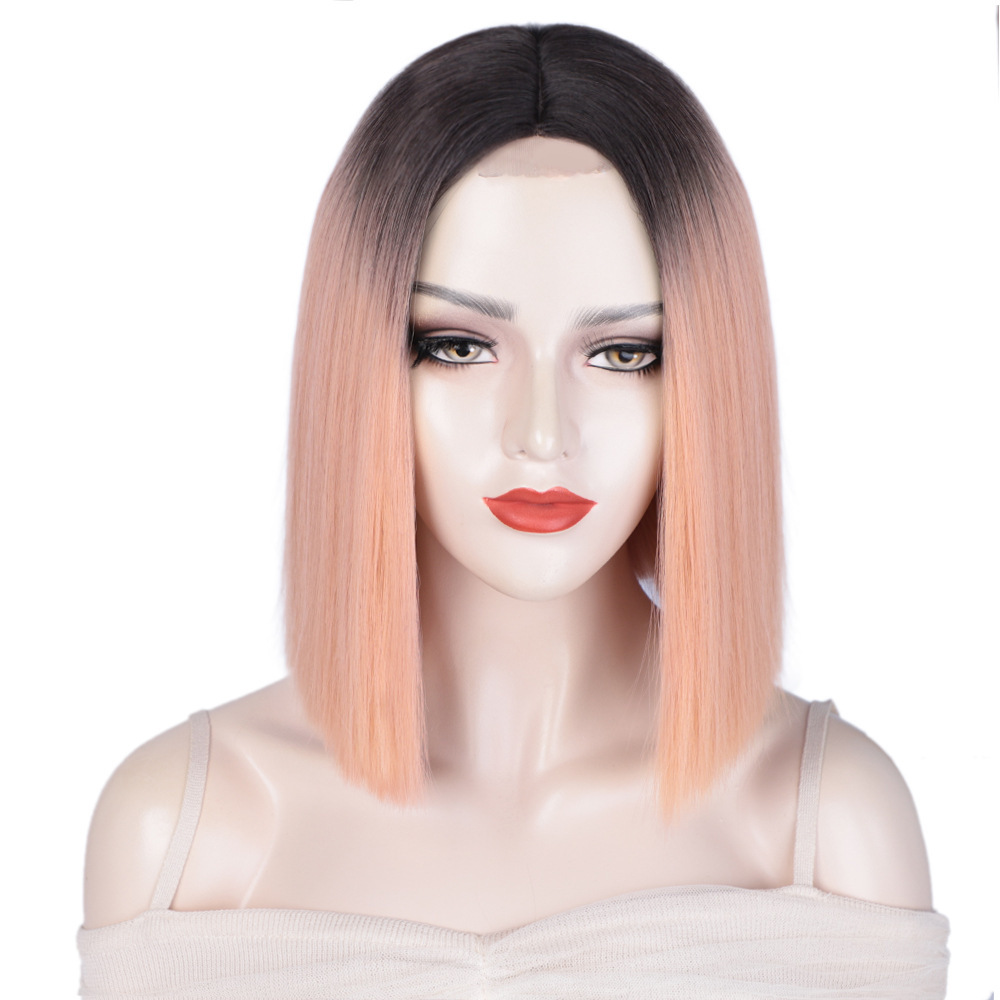Short  14 inch Orange Bob Style Short Straight Fiber Wig Women's Lace Frontal Synthetic Hair Wigs