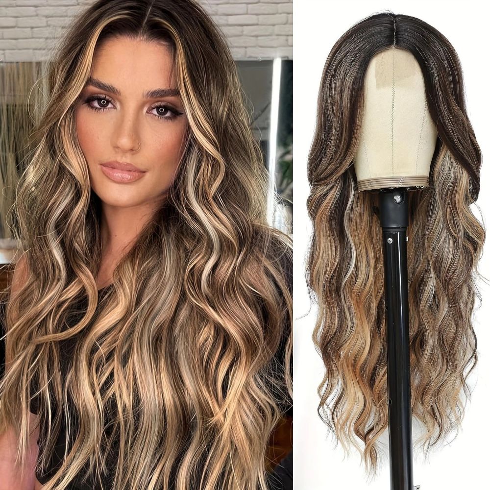 Small Closure lace Synthetic Long Curly Wavy Wig for Women Middle Part Curly Wavy Wig Heat Resistant Fiber Wig for Daily Party Use