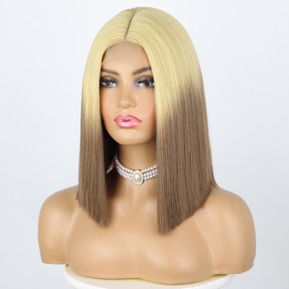 Short  14 inch Orange Bob Style Short Straight Fiber Wig Women's Lace Frontal Synthetic Hair Wigs