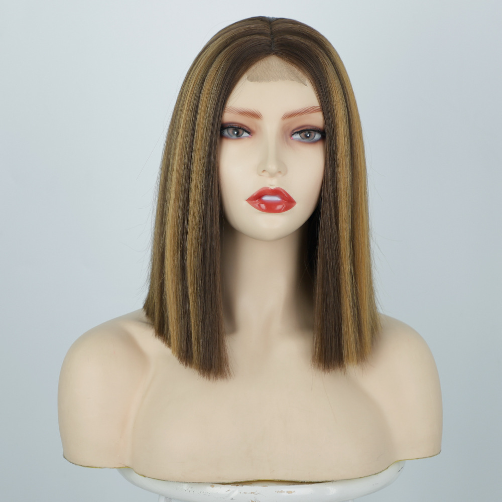 Short  14 inch Orange Bob Style Short Straight Fiber Wig Women's Lace Frontal Synthetic Hair Wigs