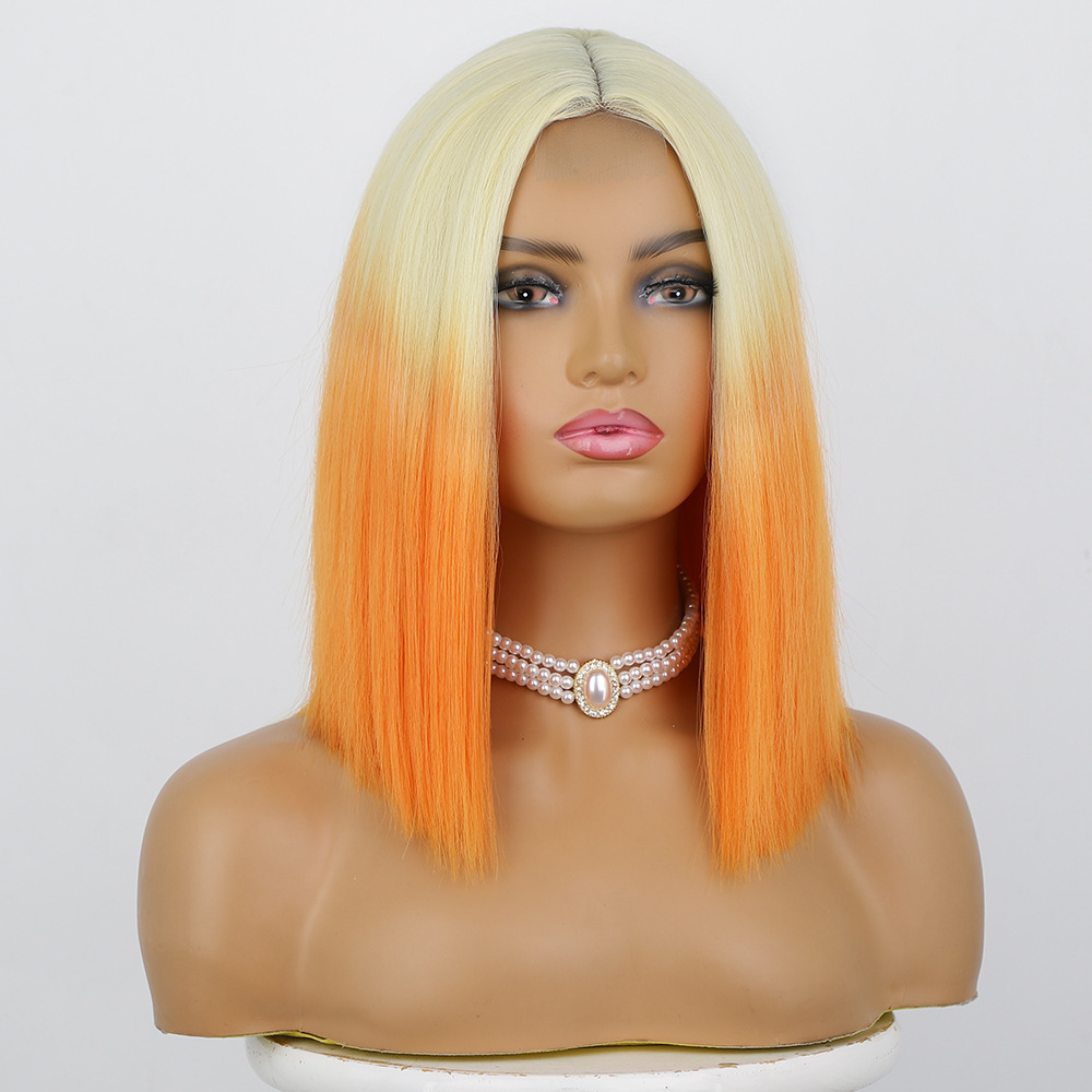 Short  14 inch Orange Bob Style Short Straight Fiber Wig Women's Lace Frontal Synthetic Hair Wigs