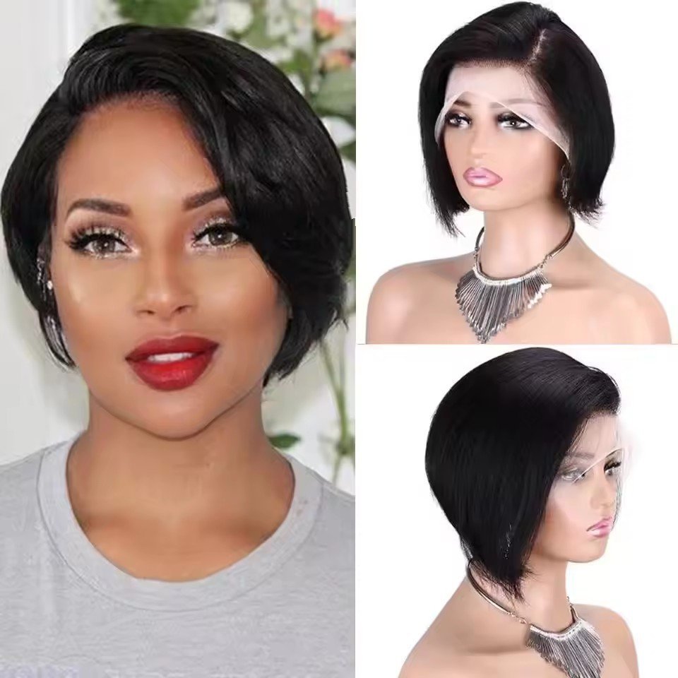 Natural Black Pixie Cut Short Lace Front Wigs Short Curly Human Hair Wigs HD Lace Wigs Plucked Bleached Knots Wigs For Black  Women