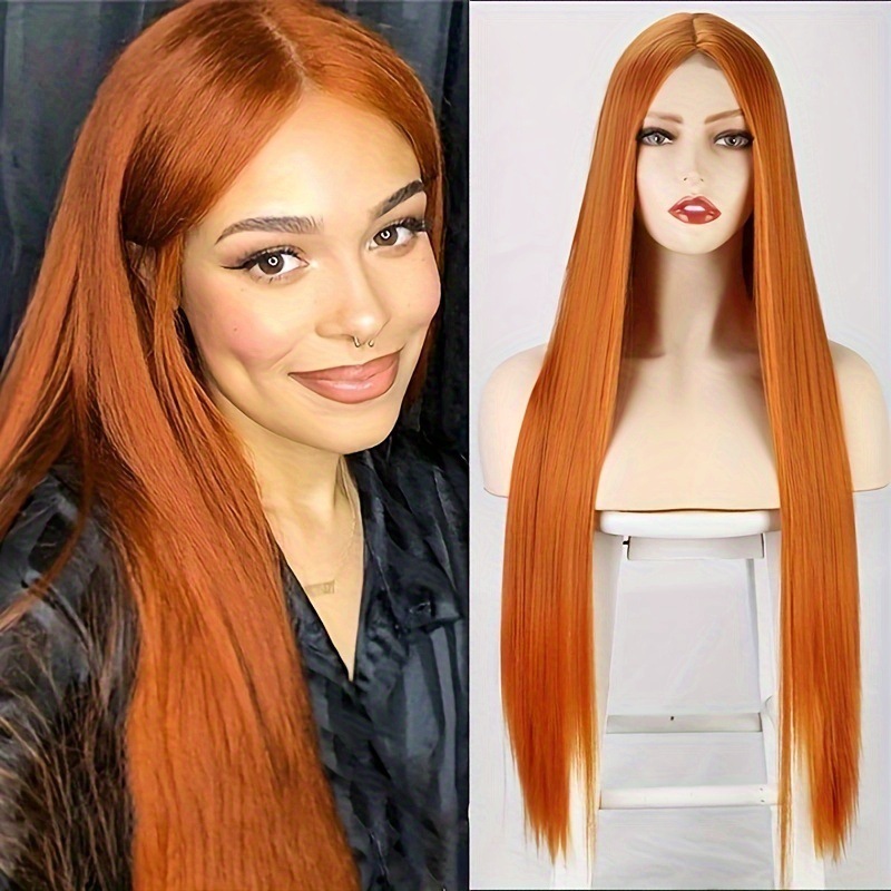 Long Ginger Straight Wig 32 Inch Middle Part Wig for Women Cosplay Blonde Synthetic Heat Resistant Straight Hair Wig