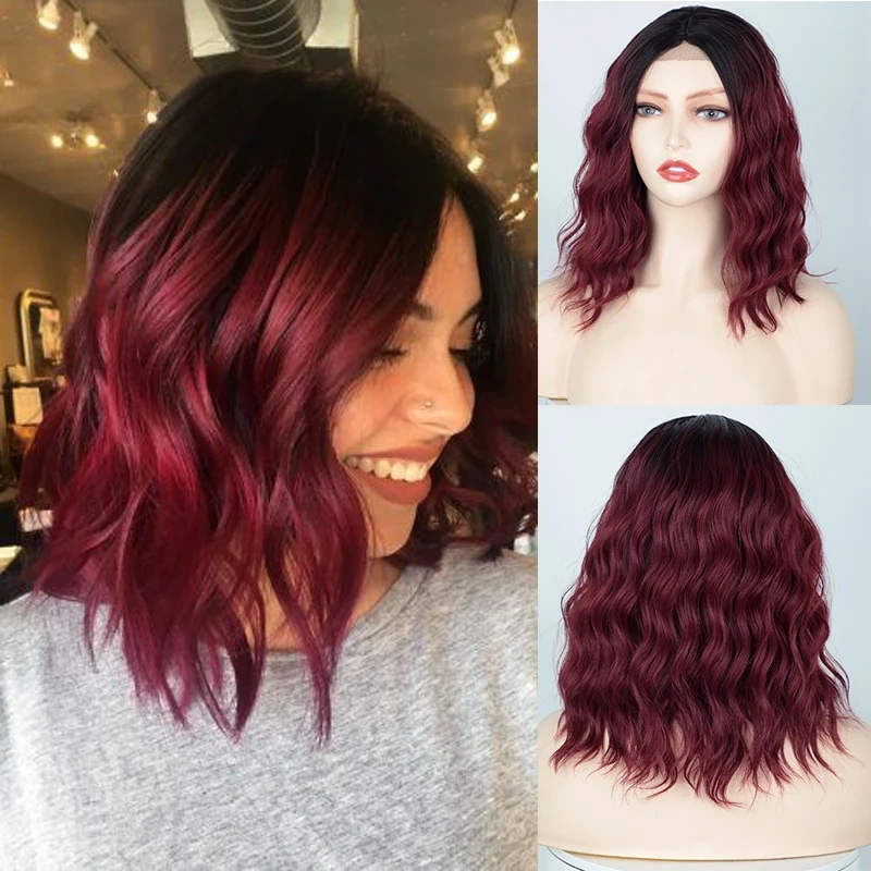 Synthetic Wavy Bob Wigs for Women  Natural Wave Middle Part Hair Wig 14 Inch Blonde Curly Wavy Wig For Cosplay Daily Use
