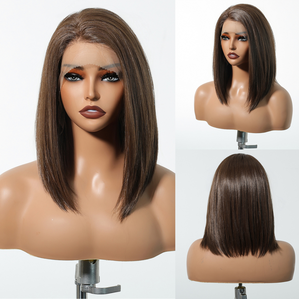 Short  Bob  Black  13*6 HD Lace Front Wig   Brown Golden Straight Bob Lace Front Synthetic Wig For Women Daily