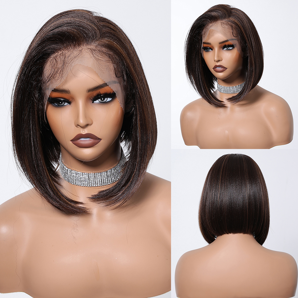 Short  Bob  Black  13*6 HD Lace Front Wig   Brown Golden Straight Bob Lace Front Synthetic Wig For Women Daily